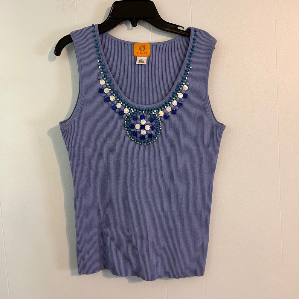 Ruby Rd Womens XL Periwinkle Blue Ribbed Knit Embellished Beaded Tank Top